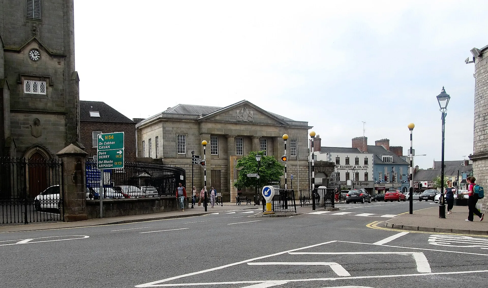 Monaghan courthouse of 1830 seen across Church Square, a classical limestone front behind parked cars.
