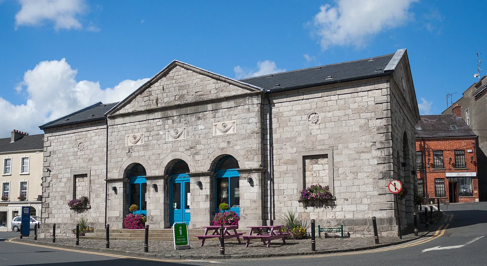 The limestone Market House in Monaghan, a single-storey classical building of 1792 seen from the south-east.
